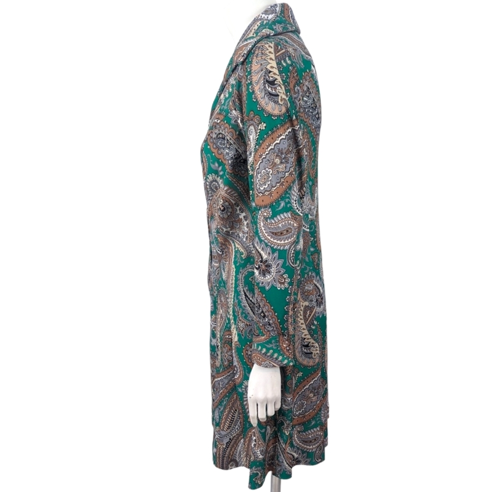 Vintage 70s 60s Paisley Shirt Dress Womens Large Polyester Green Shift - Picture 4 of 13